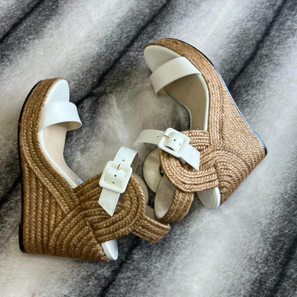 Jimmy Choo Delphi 100 Vao Latte Vachetta Leather Rope Wedges Espadrille